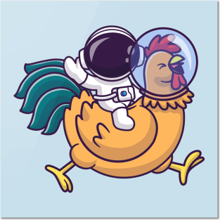 Cute Astronaut Riding Astronaut Chicken And Waving Hand Cartoon Posters and Art
